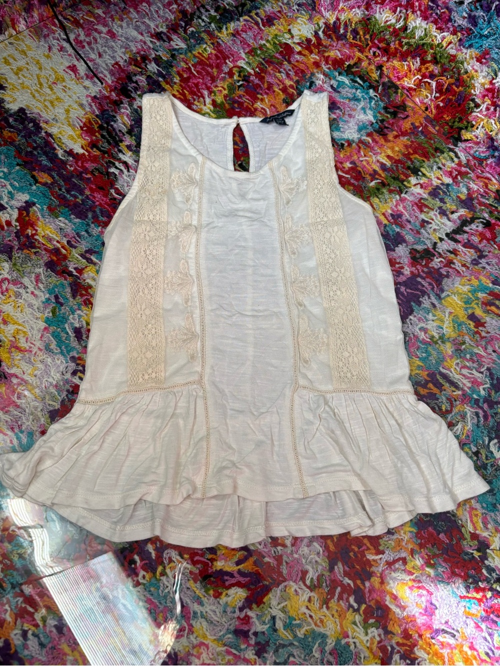 American Eagle Outfitters Cream Lace-Trim Peplum Tank